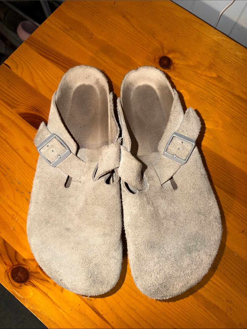 Birkenstock Boston Suede Slip-On Buckle Clogs in Light Gray/Tan